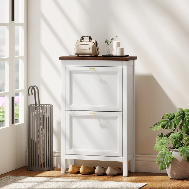 HOMCOM Shoe Cabinet with 2 Flip Drawers, Farmhouse Narrow Shoe Storage Cabinet with Adjustable Shelves, White