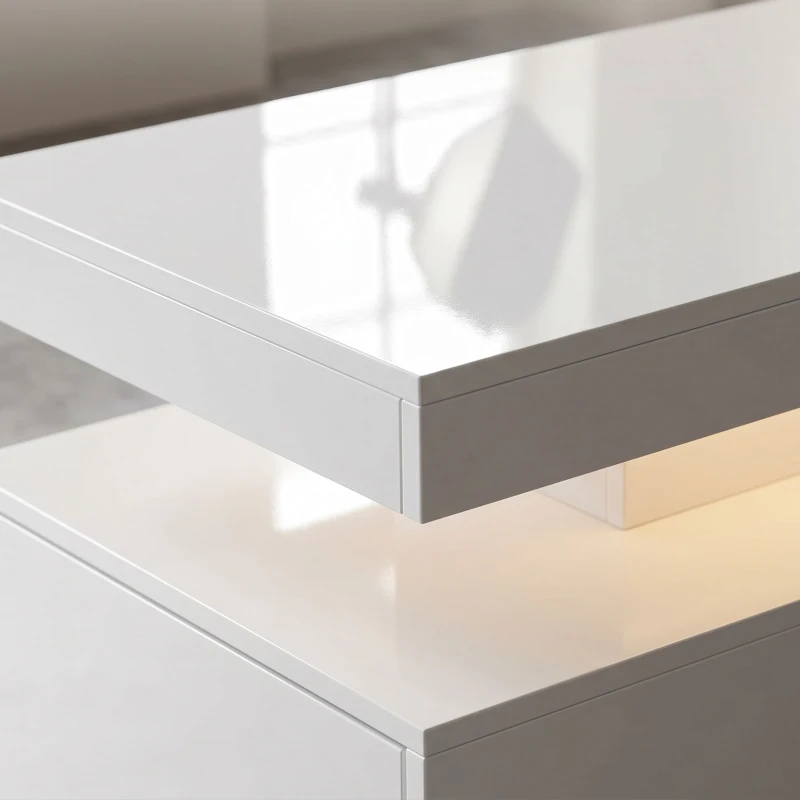 HOMCOM Mesa de Centro LED con Almacenamiento Moderno Mueble de Salón de 2 Niveles con 2 Cajones Blanco Brillo