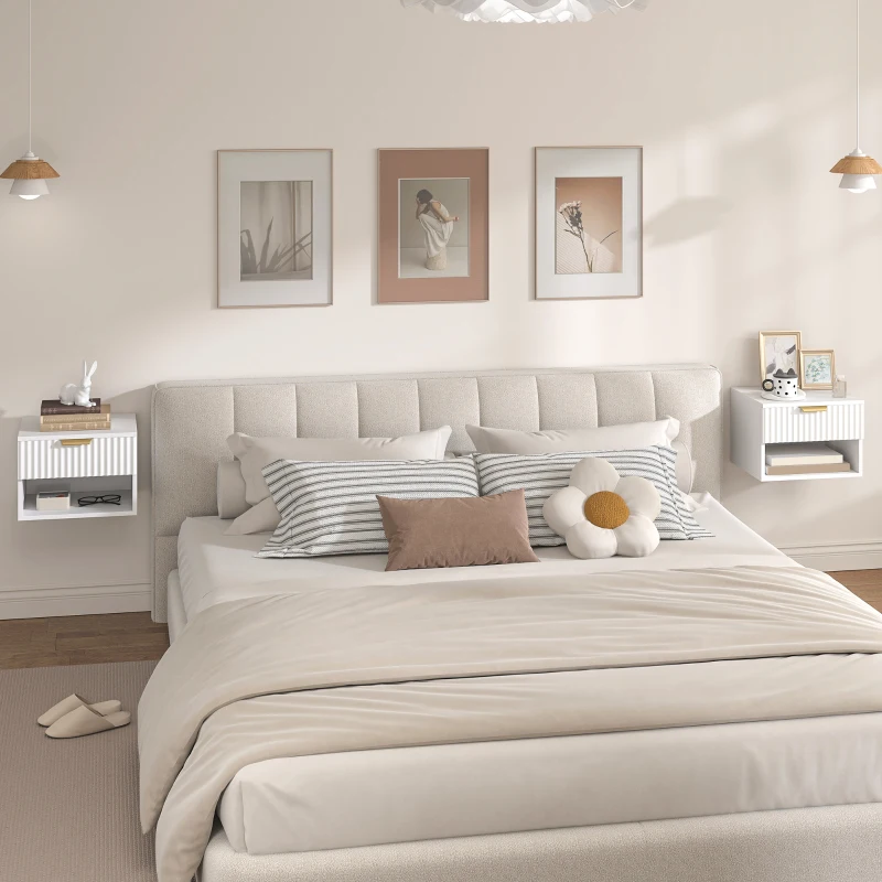 HOMCOM Conjunto de 2 Mesas de Cabeceira Flutuantes Estreitas com Gaveta com Frente Canelada e Prateleira Aberta 40x34x29 cm Branco