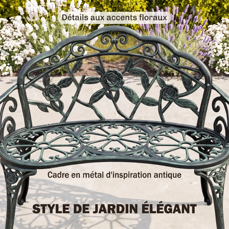 Outsunny Banc de Jardin 2 Places Style néo-rétro Motif Rose Lignes fuselées 100L x 54l x 78H cm Fonte d'aluminium Vert
