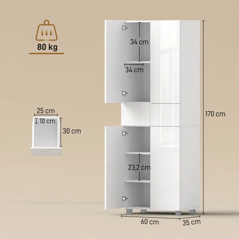 HOMCOM Aparador Alacena de Cocina Mueble Auxiliar con 4 Puertas 2 Cajones y Estantes Ajustables 60x35x170 cm Blanco