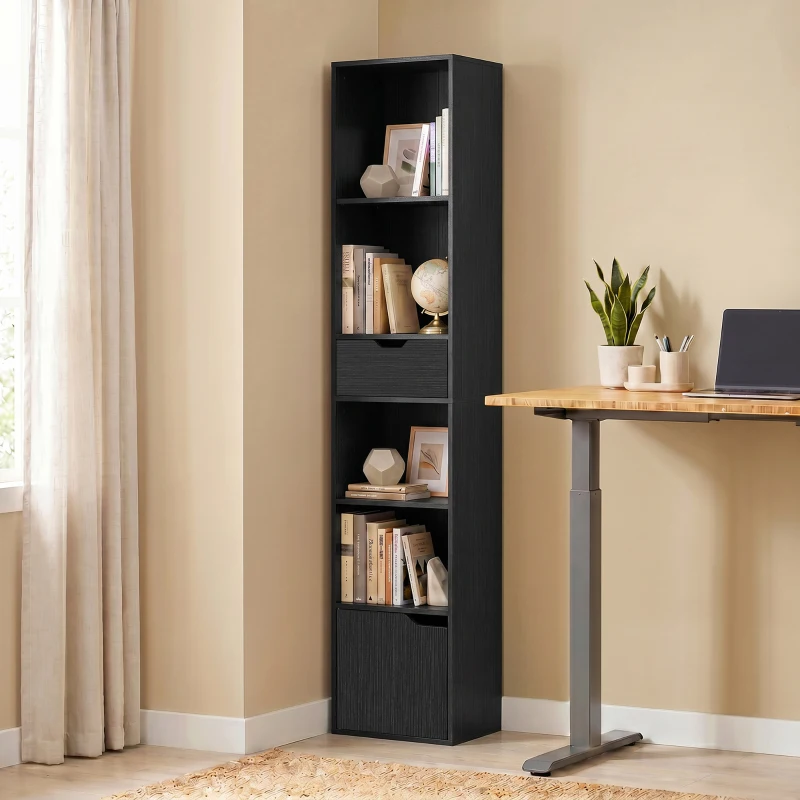 HOMCOM Estantería de 6 Compartimentos con Cajón y Armario de Almacenamiento Ajustable Independiente 30x24x158 cm Negro