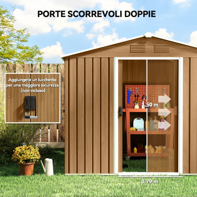 Outsunny Casetta da Giardino in Lamiera di Acciaio con Porte Scorrevoli, 236x174x190cm, Marrone