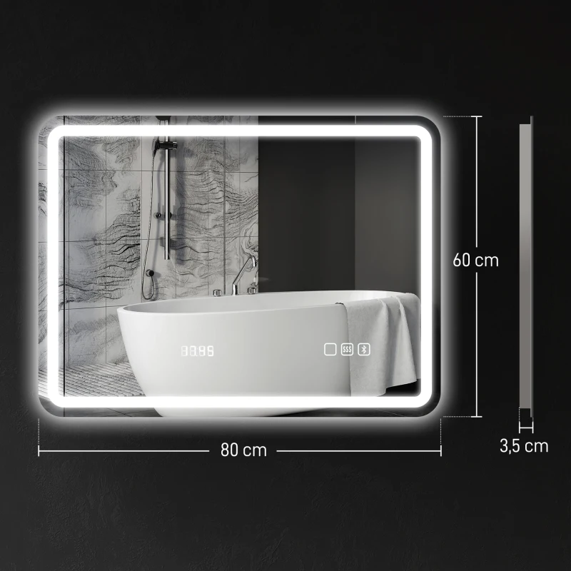 HOMCOM Miroir salle de bain Bluetooth avec éclairage LED 60 x 80 cm, miroir lumineux mural avec horloge, antibuée, argenté