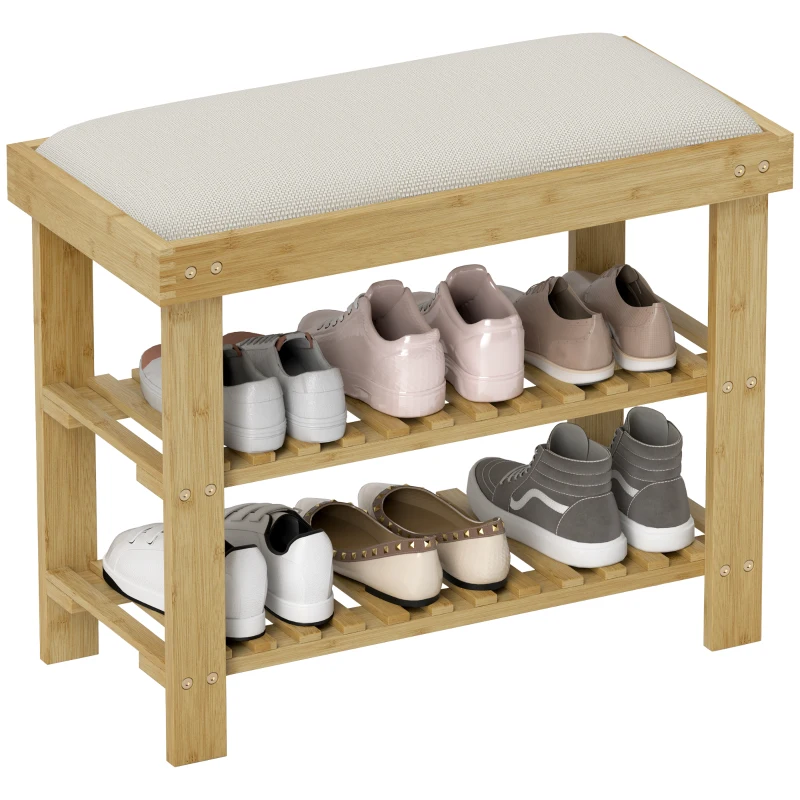 HOMCOM Banc à chaussures en bambou, étagère à chaussures à 3 niveaux, style scandinave, 60 x 29 x 49 cm, crème et bois naturel