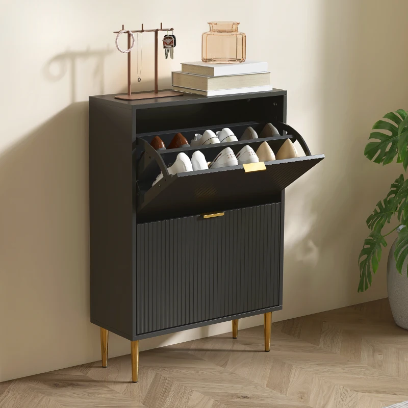 HOMCOM Meuble à chaussures 12 paires avec 2 tiroirs rabattables, portes cannelées et étagères réglables, 60x24x91,5cm, noir