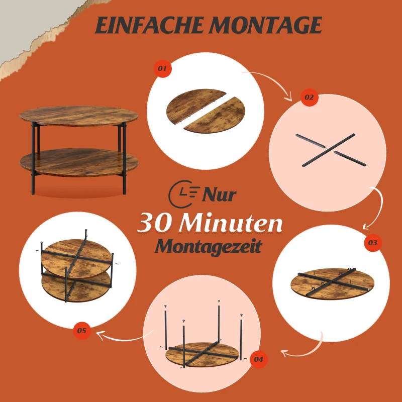Zweistufiger Rundcouchtisch, viel Stauraum, verstellbare Beine, 83x83x44.5 cm, Braun