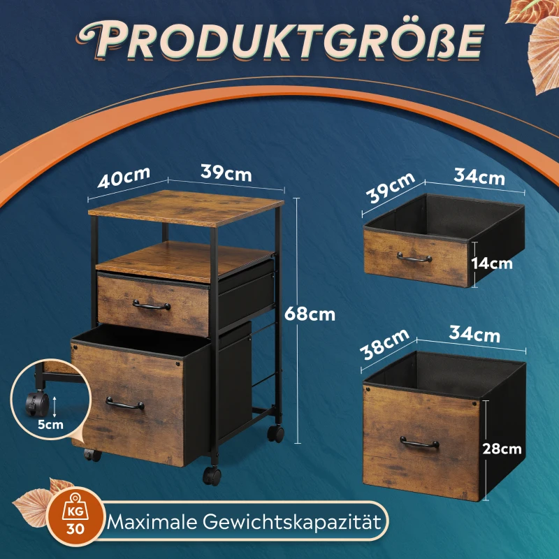 Mobiler Rollcontainer, zwei stoffbezogene Schubladen, platzsparendes Industrie-Design, 39x40x67.5 cm, Braun