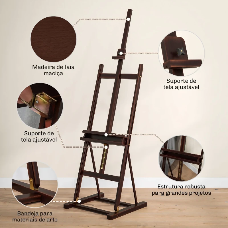 HOMCOM Cavalete de Pintura 230 cm com Altura e Ângulo Ajustáveis Arrumação para Adultos Artistas Pintores Castanho