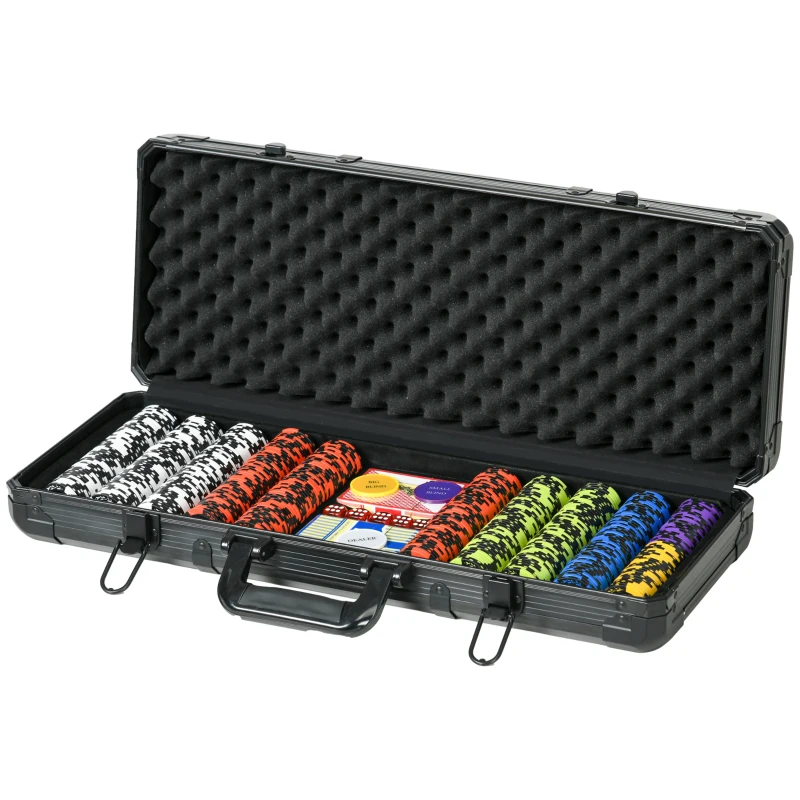 SPORTNOW Set Poker con 500 Fiches, 2 Mazzi di Carte, 5 Dadi, Pulsanti e Valigetta Protettiva in Alluminio Nero
