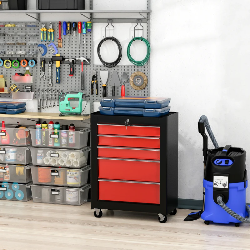 HOMCOM Chariot à outils sur roulettes, Servante d'atelier en acier 5 tiroirs verrouillable 2 clés, 61,5 x 33 x 82,5 cm, rouge