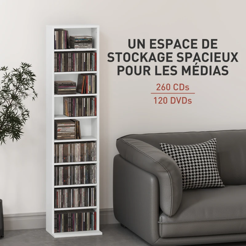 HOMCOM Rangements pour CD et DVD 9 compartiments et 6 étagères réglables capacité max. 260 CD/120 DVD 33 x 24 x 140 cm blanc