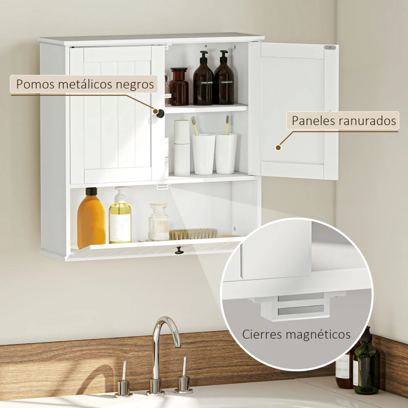 HOMCOM Armario de Baño de Pared Rústico con Estante Ajustable Doble Puerta y Puerta Abatible 60x19,5x60 cm Blanco