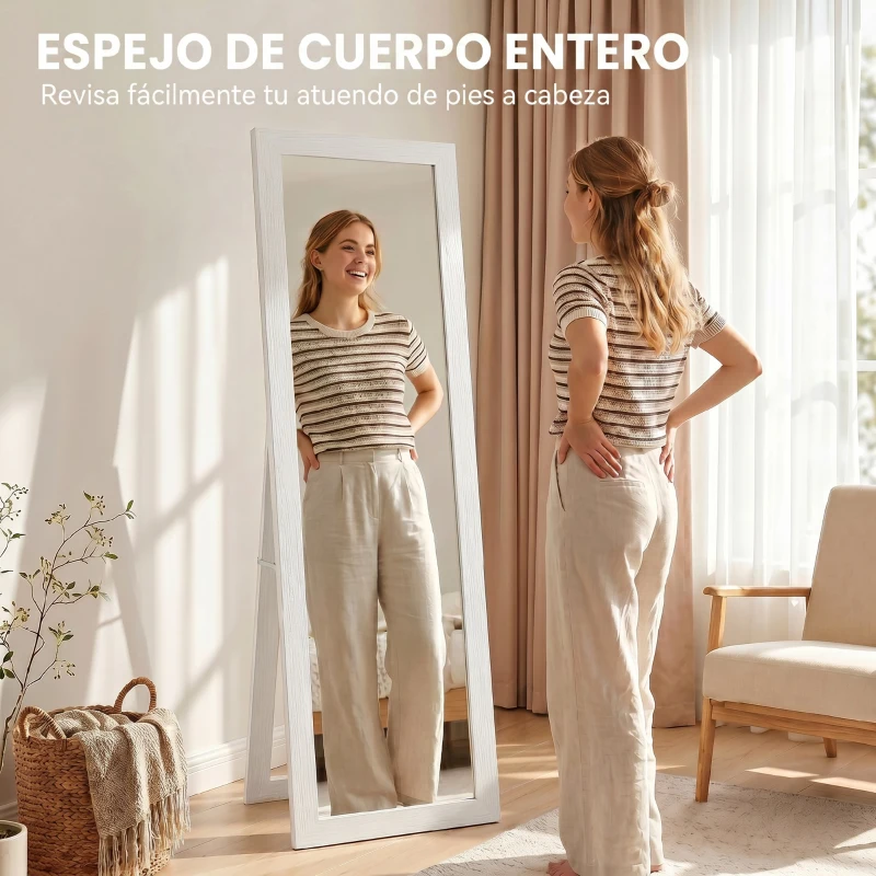 HOMCOM Espejo de Cuerpo Entero 157x37 cm con Marco de MDF Espejo de Pie Inclinado o Colgante Blanco Veteado