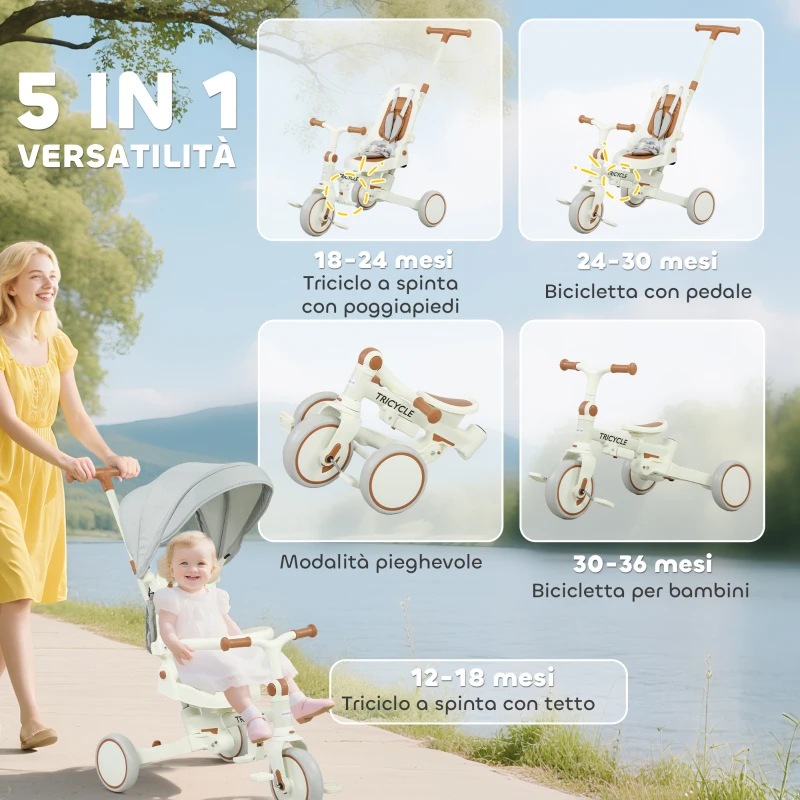 AIYAPLAY Triciclo per Bambini 5 in 1 con Maniglione di Spinta e Copertura Rimovibile, 96.5x49x101 cm, Bianco Crema