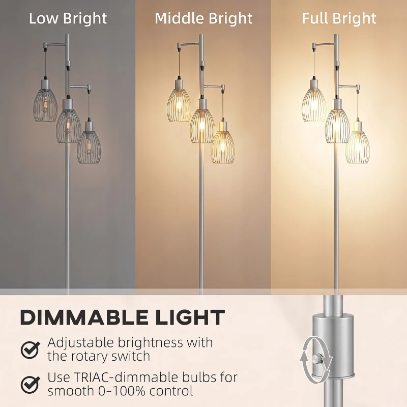 HOMCOM 170.5cm Industrial Dimmable Standing Lamp, 3-Light Floor Lamp with Steel Wire Cage Lampshades, Silver Tone