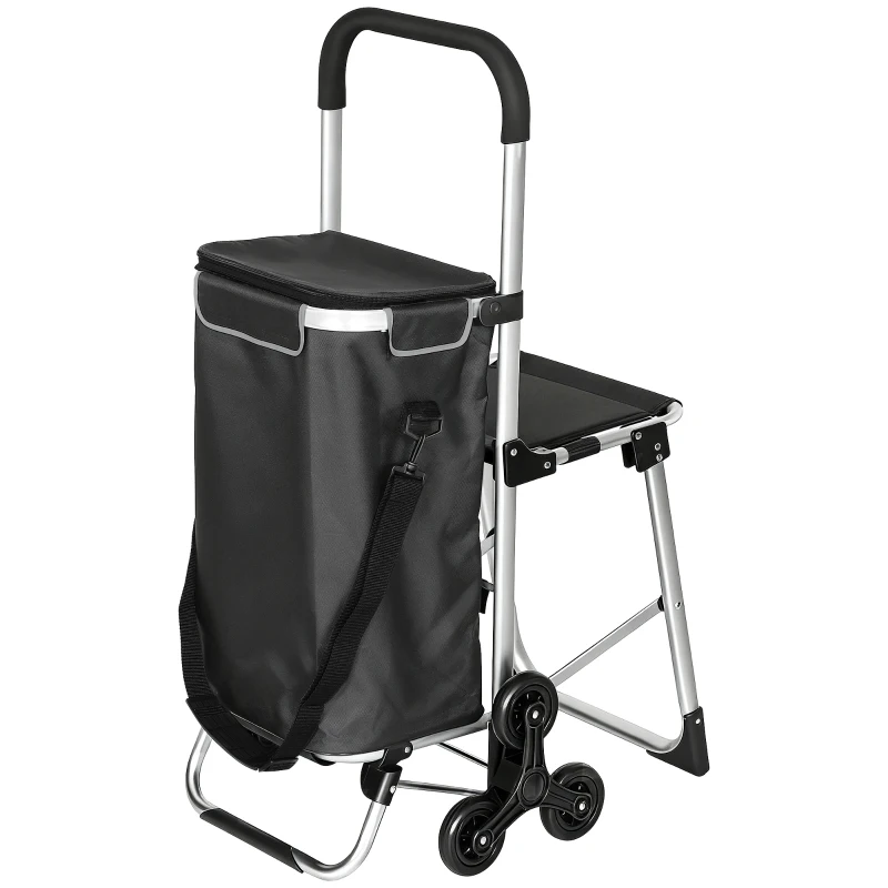 HOMCOM Carrinho de Compras, bolsa Oxford 40 L, design de 3 rodas, estrutura em alumínio, assento, cinza escuro