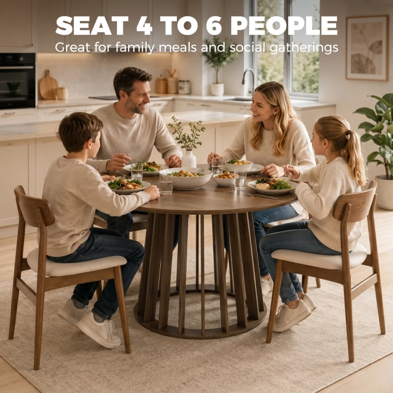 HOMCOM Dining Table for 4-6 People Modern Kitchen Table with Slatted Base 120 cm Round Light Walnut