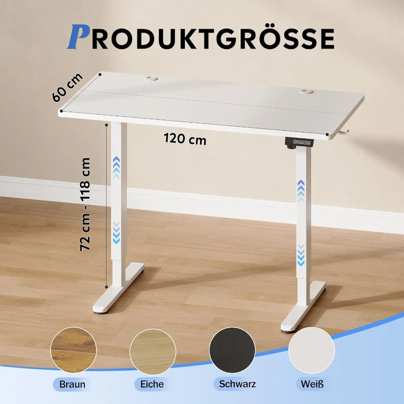 Höhenverstellbarer Schreibtisch, geräuscharmer Motor, stufenlose Verstellung mit Anti-Kollisionssystem, 120 × 60 cm, 120x60x72-118 cm, Weiß