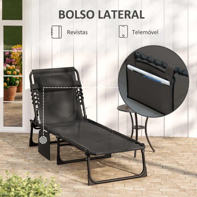 Outsunny Espreguiçadeira Dobrável com Encosto Ajustável Apoio de Cabeça Almofadado e Estrutura em Aço para Exterior 189x58x30 cm Preto