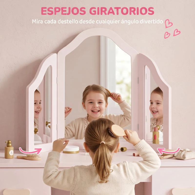 AIYAPLAY Tocador de Maquillaje Niñas con Taburete 3 Espejos Desmontables 2 Cajones 2 Armarios 7 Accesorios para +3 Años Rosa