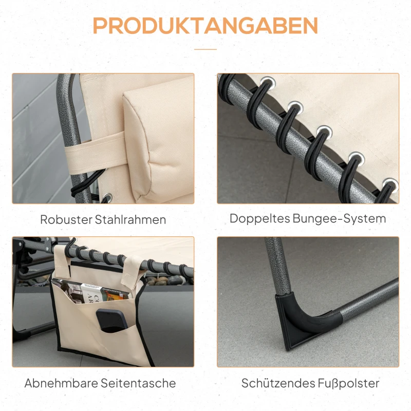 Outsunny Zonneligstoel, Opvouwbare Tuinligstoel, Klapligstoel met Kussen, 5-standen Rugleuning, Oxford-stof, 188 x 57 x 30 cm, Beige