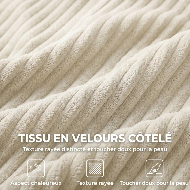 HOMCOM Canapé 3 Places en Velours Côtelé, Canapé de Salon Moderne 225 cm, Assise Large, Coussin à Ressorts, Crème