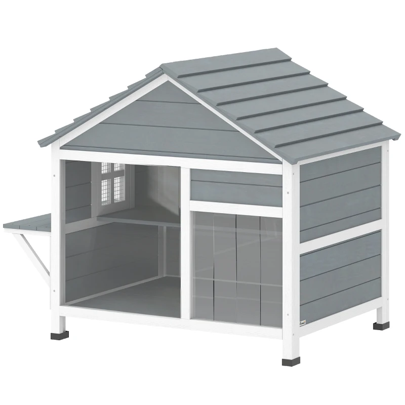 PawHut Maison pour Chat Extérieur Toit Ouvrant Fenêtre Panoramique Porte à Lamelles et Plateforme de Repos 101x72,5x81cm Gris