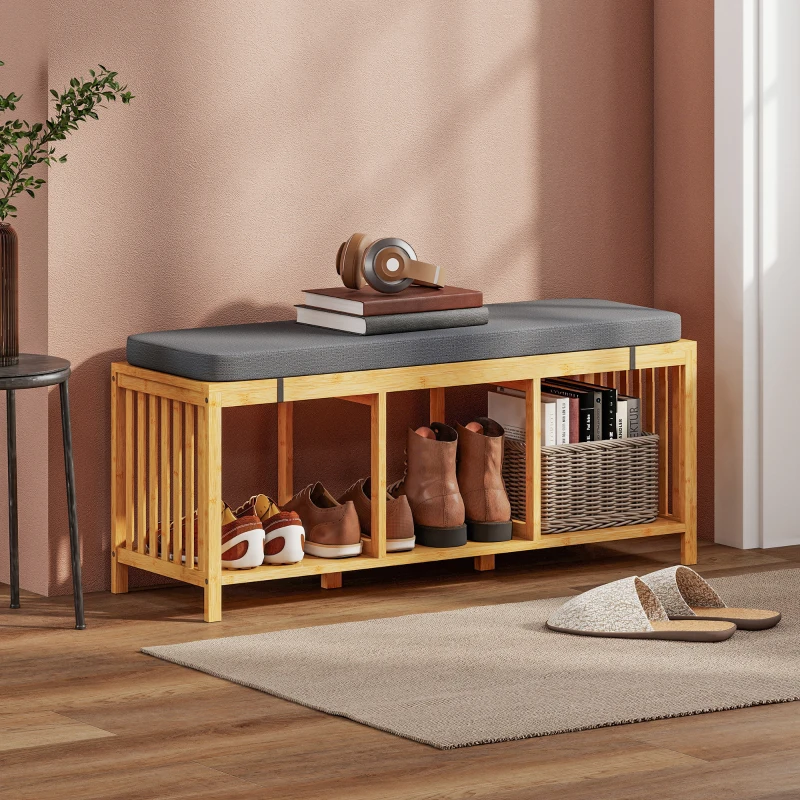 HOMCOM Bamboo Shoe Bench, Entryway Storage Bench with Padded Cushion and Open Shelf, Natural Wood Finish