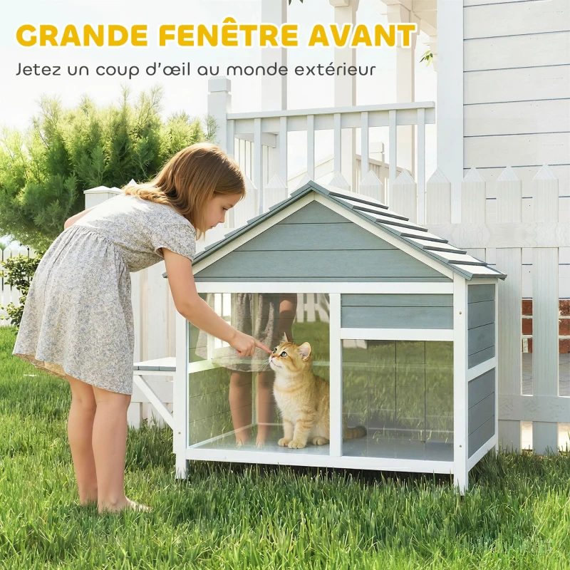 PawHut Maison pour Chat Extérieur Toit Ouvrant Fenêtre Panoramique Porte à Lamelles et Plateforme de Repos 101x72,5x81cm Gris