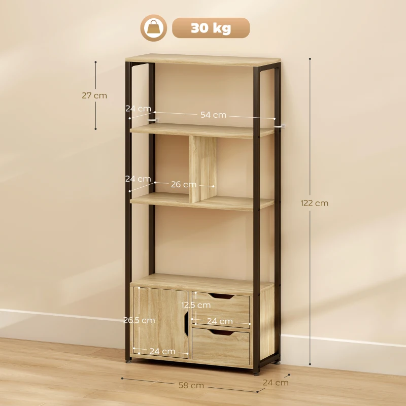 HOMCOM 4-Tier Bookcase, Bookshelf with 1 Cabinet and 2 Drawers for Living Room, Bedroom, Study, Natural Wood