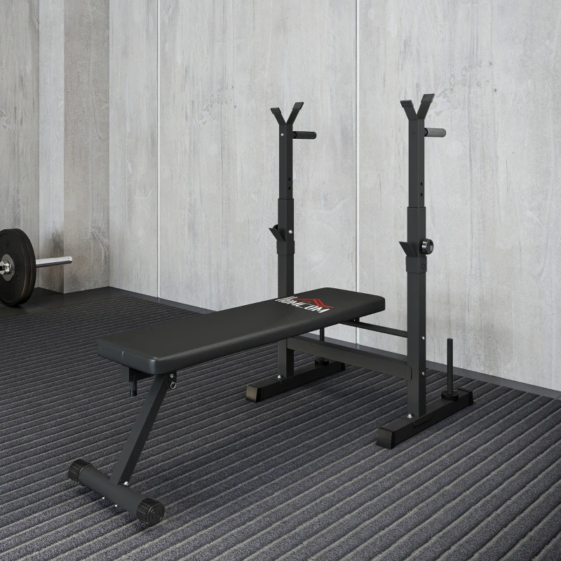 HOMCOM Banco de Pesos Multifuncional Dobrável com Suporte para Barras Ajustável e Estação de Dips 98-122x140x73 cm Preto