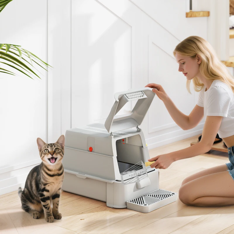 PawHut Caixa de Areia para Gatos de Aço Inoxidável XL com Tampa Articulada 180° Laterais Altas Pedal Pá 63x43x43 cm Cinza Claro