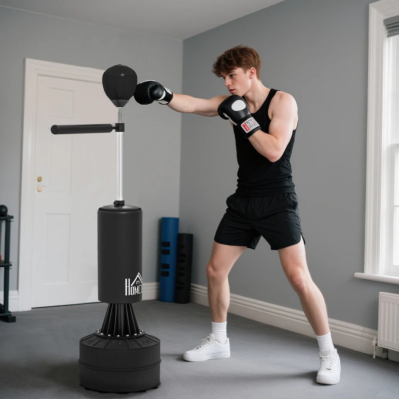 HOMCOM 155-205cm 3-IN-1 Freestanding Boxing Punching Bag Stand, Boxing Speed Trainer with Rotating Flexible Arm, Speed Ball, Fillable Base, Black