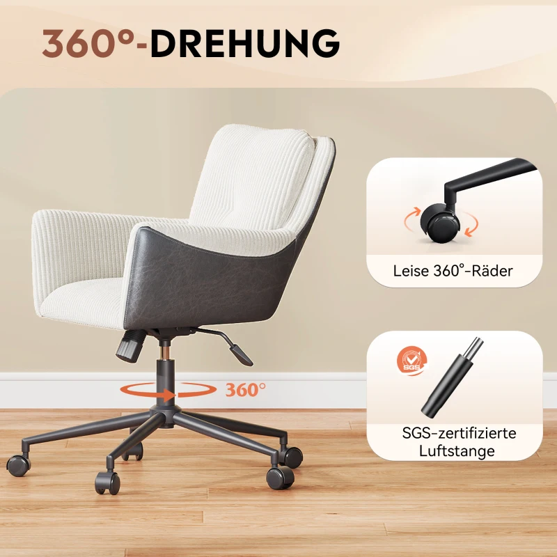 Homeoffice- und Schminkstuhl, höhenverstellbar, 360° drehbar, leise Rollen, 56x44.5x81 cm, Weiß