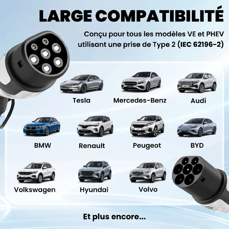 HOMCOM Chargeur Voiture Électrique Type 2 à Type 2 22kw Triphasé Mode 3 Rallonge Cable Recharge Rapide 5m Assuré par PICC Noir