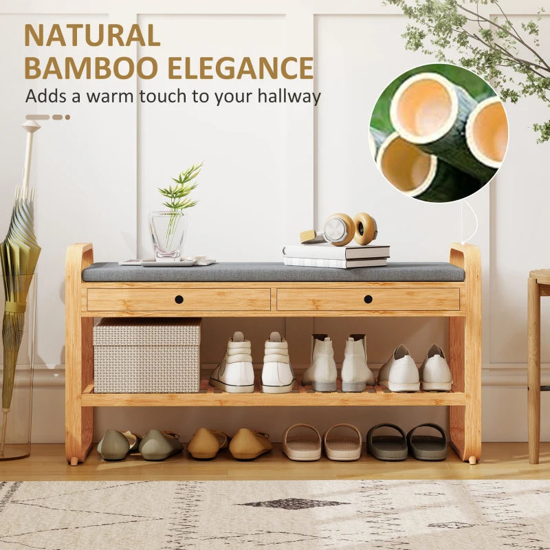 HOMCOM Shoe Bench with 2 Drawers Cushioned Seat Shoe Storage Bench for Hallway 105 cm Natural and Grey