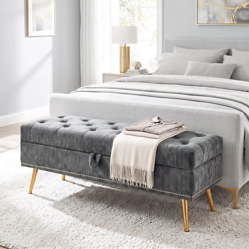HOMCOM Storage Ottoman, Chenille Upholstered Ottoman Storage Box with Padded Seat, Metal Legs, 114 x 41 x 45 cm, Grey