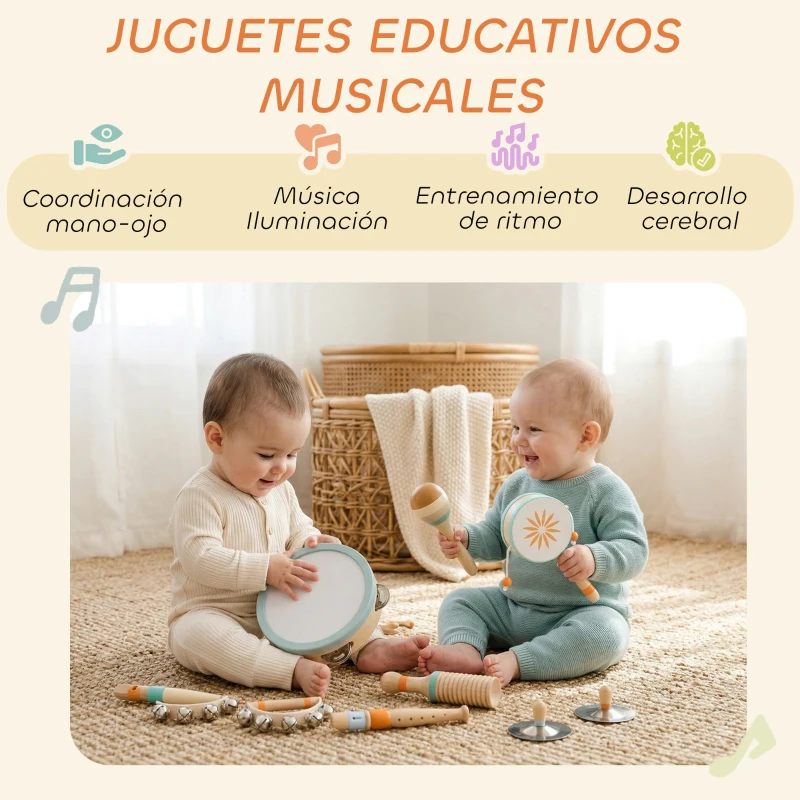 AIYAPLAY Instrumentos Musicales Infantil 10 Piezas Juguetes Musicales de Madera Montessori Set de de Percusión