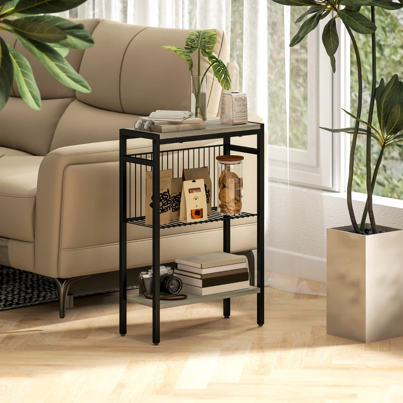 HOMCOM Table d'appoint étroit à 3 niveaux avec étagères de rangement, cadre en acier, pour salon, chambre, 43x18x62,5cm, gris