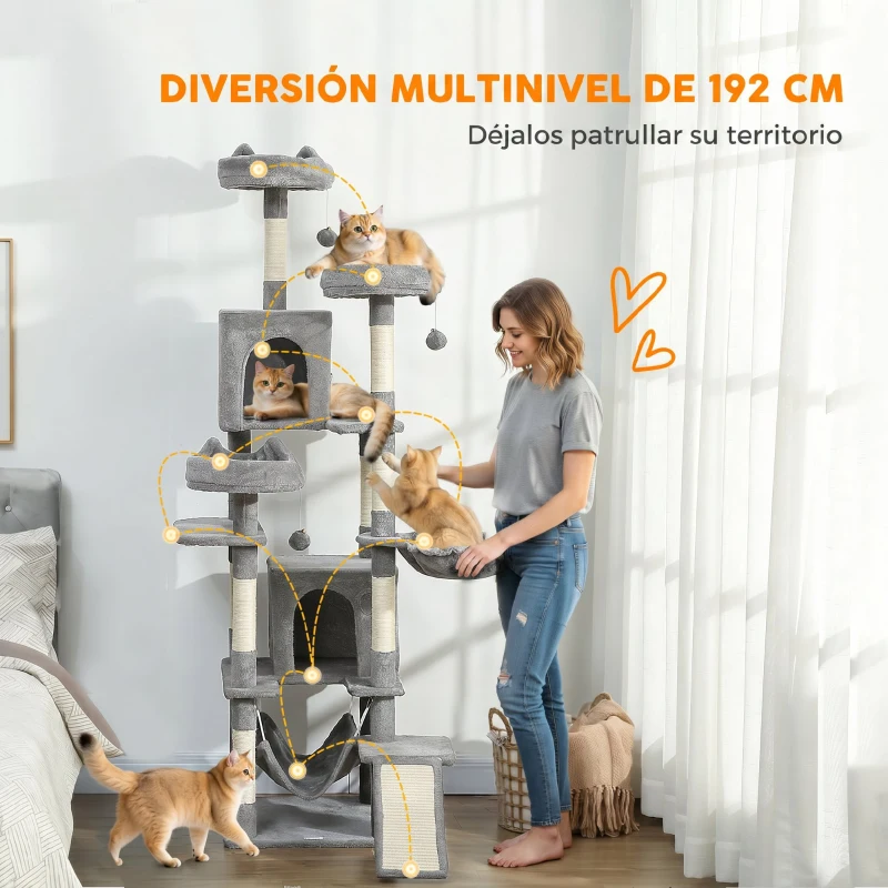 PawHut Árbol Rascador Grande para Gatos 192 cm con 3 Camas 2 Casitas 2 Hamacas Escalera Rascadora Postes de Sisal Gris Claro