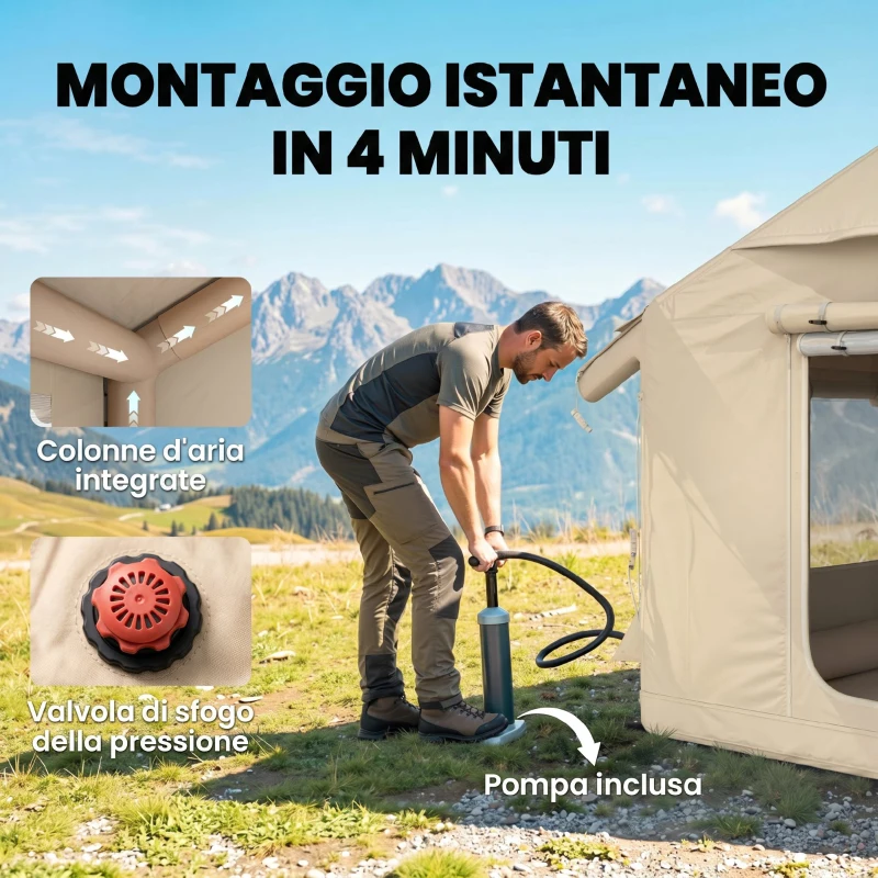 Outsunny Tenda da Campeggio Gonfiabile con Pompa, Impermeabile 3000mm e Antivento, Cachi