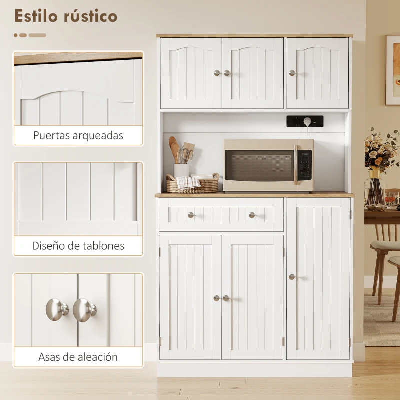HOMCOM Alacena de Cocina con Estación de Carga 6 Puertas 1 Cajón Estantes Ajustables Encimera Amplio 100x40x173 cm Blanco