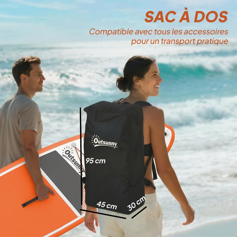 Outsunny Stand Up Paddle Gonflable Planche de SUP Pagaie Réglable Pompe et Sac 160kg pour Débutant et Famille 320x82cm Orange