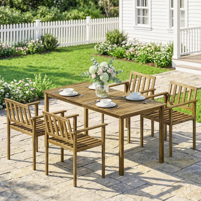 Outsunny Set da Pranzo da Giardino 5 Pezzi, Tavolo e Sedie per 4 Persone, Teak