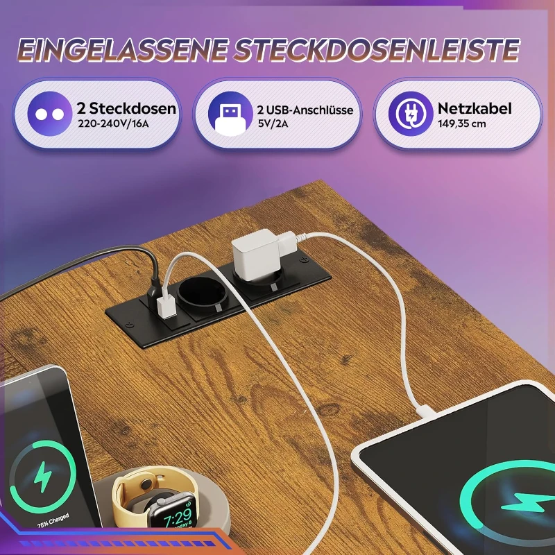 L-förmiger Eckschreibtisch mit LED-Beleuchtung, erhöhter Monitoraufsatz + Kopfhörerhaken, 142x118x87.5 cm, Braun