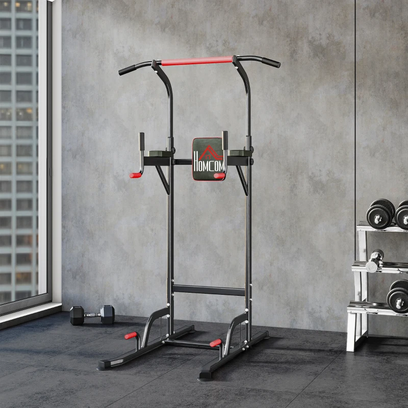 HOMCOM Máquina de Dominadas con Altura Ajustable Carga Máx. 120 kg para Entrenamiento Fitness 123x98x189-239 cm Negro y Rojo
