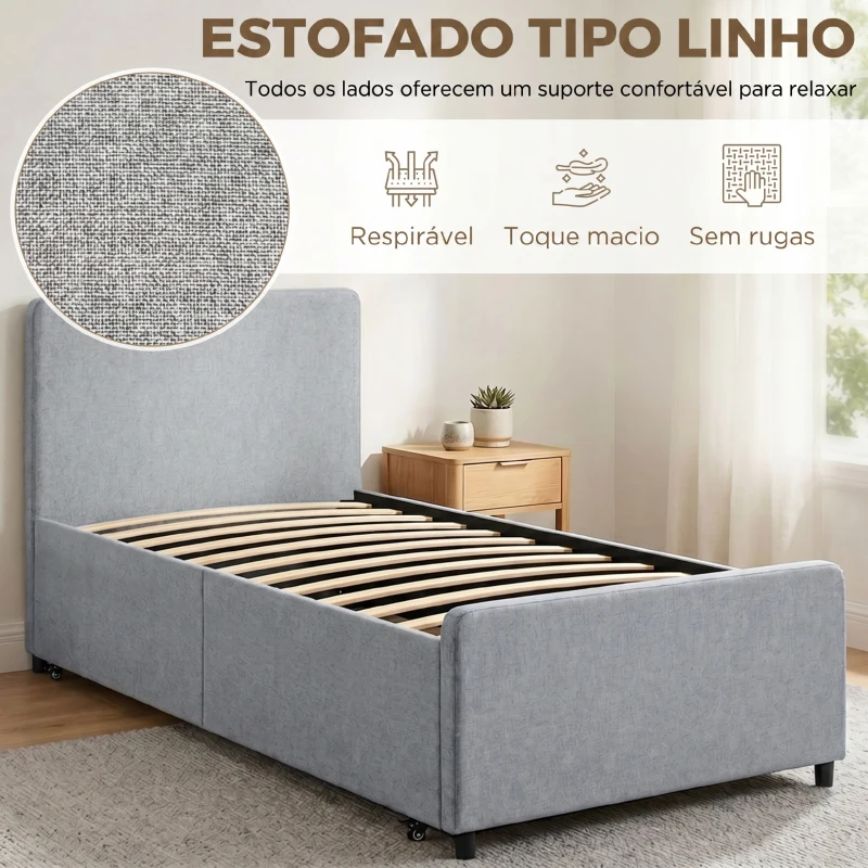 HOMCOM Cama Nido Individual 90x190 cm Estofada em Tecido Efeito Linho com Cabeceira e Estrado Metálico Cinzento Claro