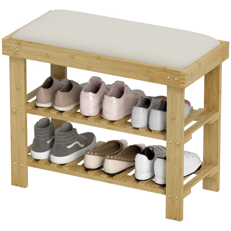 HOMCOM Banc à chaussures en bambou, étagère à chaussures à 3 niveaux, style scandinave, 60 x 29 x 49 cm, crème et bois naturel