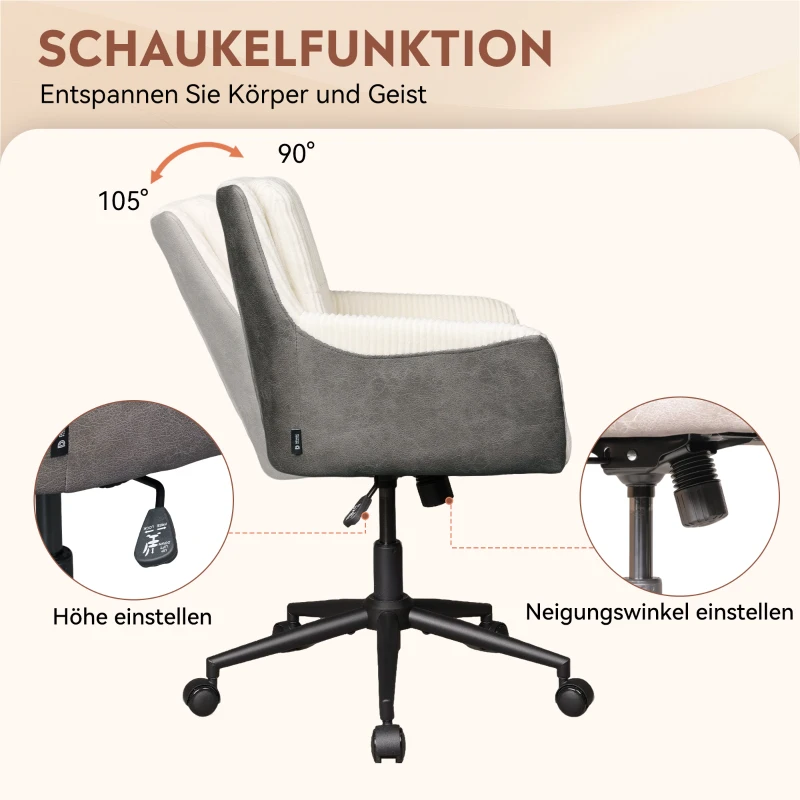 Homeoffice- und Schminkstuhl, höhenverstellbar, 360° drehbar, leise Rollen, 56x44.5x81 cm, Weiß